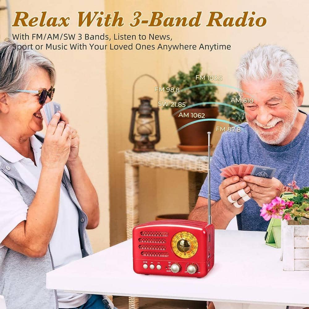 Retro Portable AM/FM Vintage Radio with Bluetooth, Transistor Radio Receiver, Rechargeable Battery, Support TF Card, AUX, USB, MP3 Player for Elder (Red)