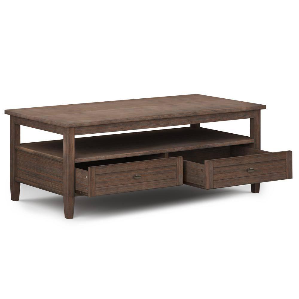 Simpli Home Warm Shaker 48"W Solid Wood Coffee Table with Two Storage Drawers and Open Shelf