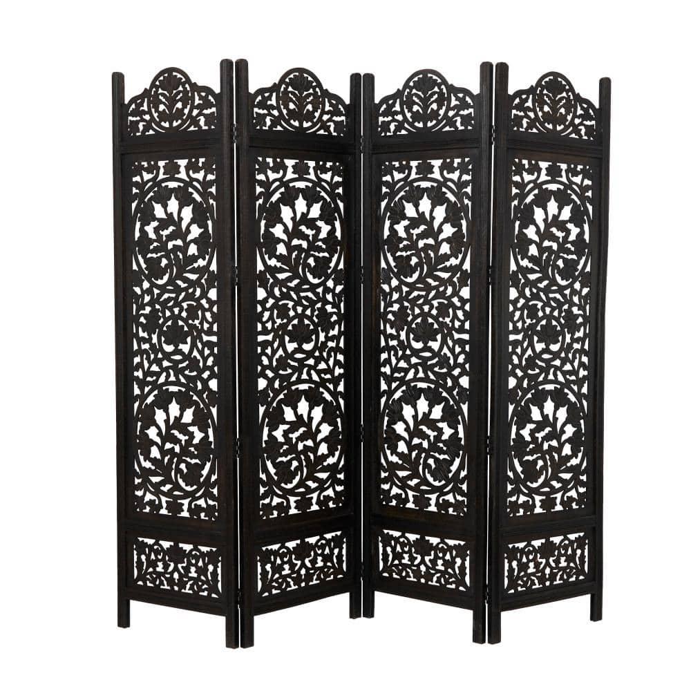 DecMode 80" x 72" Black Wood Floral Handmade Hinged Foldable Partition 4 Panel Room Divider Screen with Intricately Carved Designs, 1-Piece
