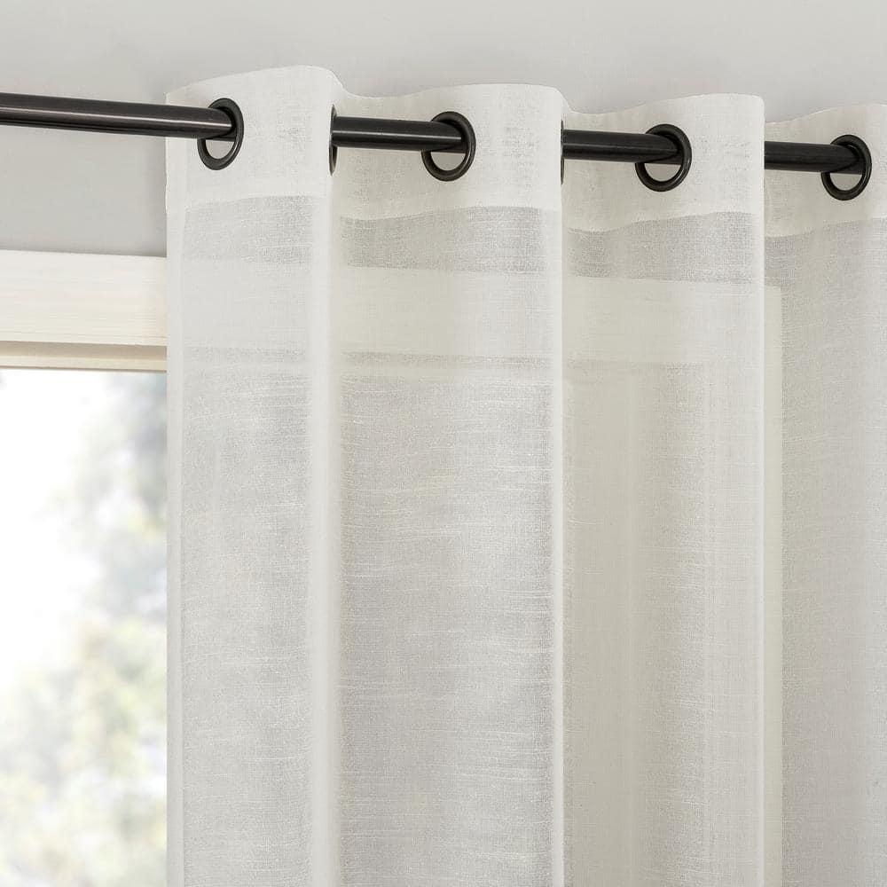 52"x84" Archaeo Light Filtering Slub Textured Linen Blend Black Grommet Top Curtain Panel Ivory: Modern Indoor Curtain
