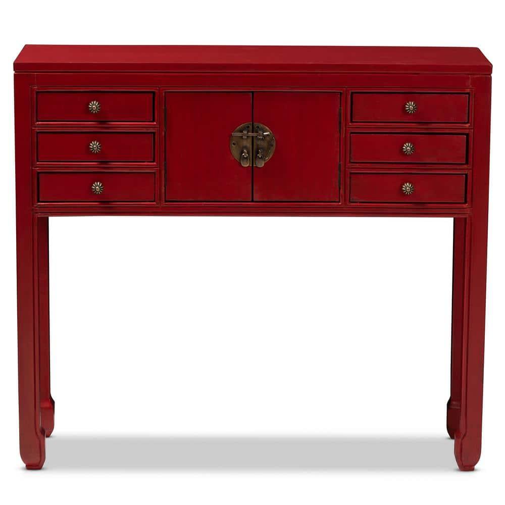 Melodie 6 Drawer Console Table Red - Baxton Studio: Antique-Inspired, Bayur Wood, Bronze Handles