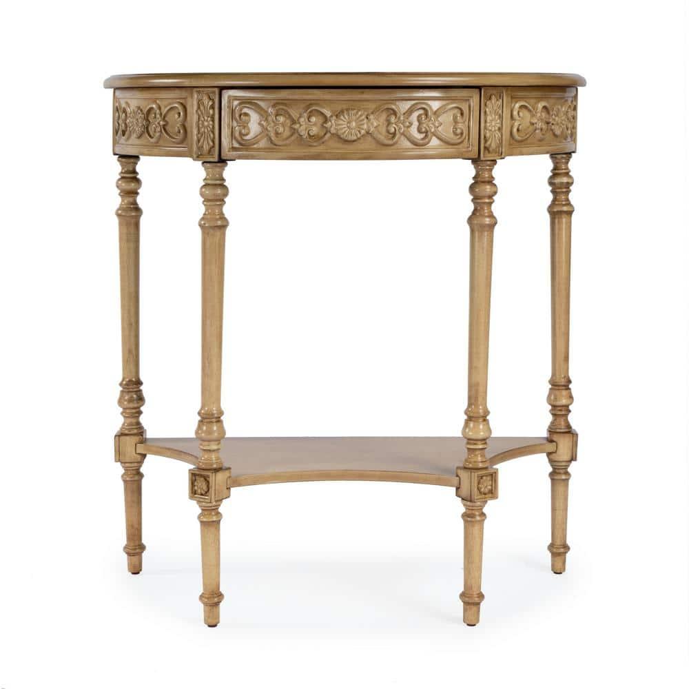 Antique Beige Wood Demilune Console Table with Storage