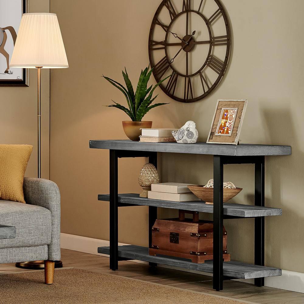 Alaterre Farmhouse Reclaimed Wood Console Table with Shelves, Slate Gray/Black