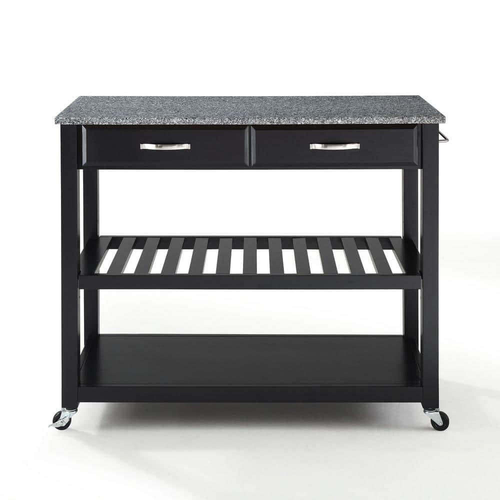 Solid Granite Top Kitchen Cart/Island with Optional Stool Storage - Black - Crosley: Wheeled with Storage Shelves