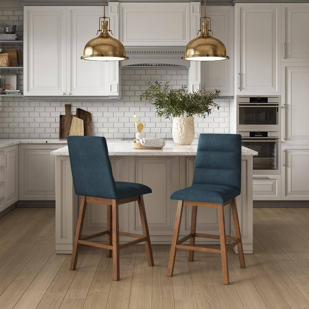 Set of 2 Boston Channel Tufted Fabric Barstools Navy Blue - CorLiving: Upholstered, High Back, Rubberwood Legs