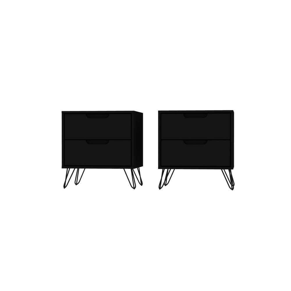 Set of 2 Rockefeller 2 Drawer Nightstands Black - Manhattan Comfort: Modern Bedside Storage Furniture
