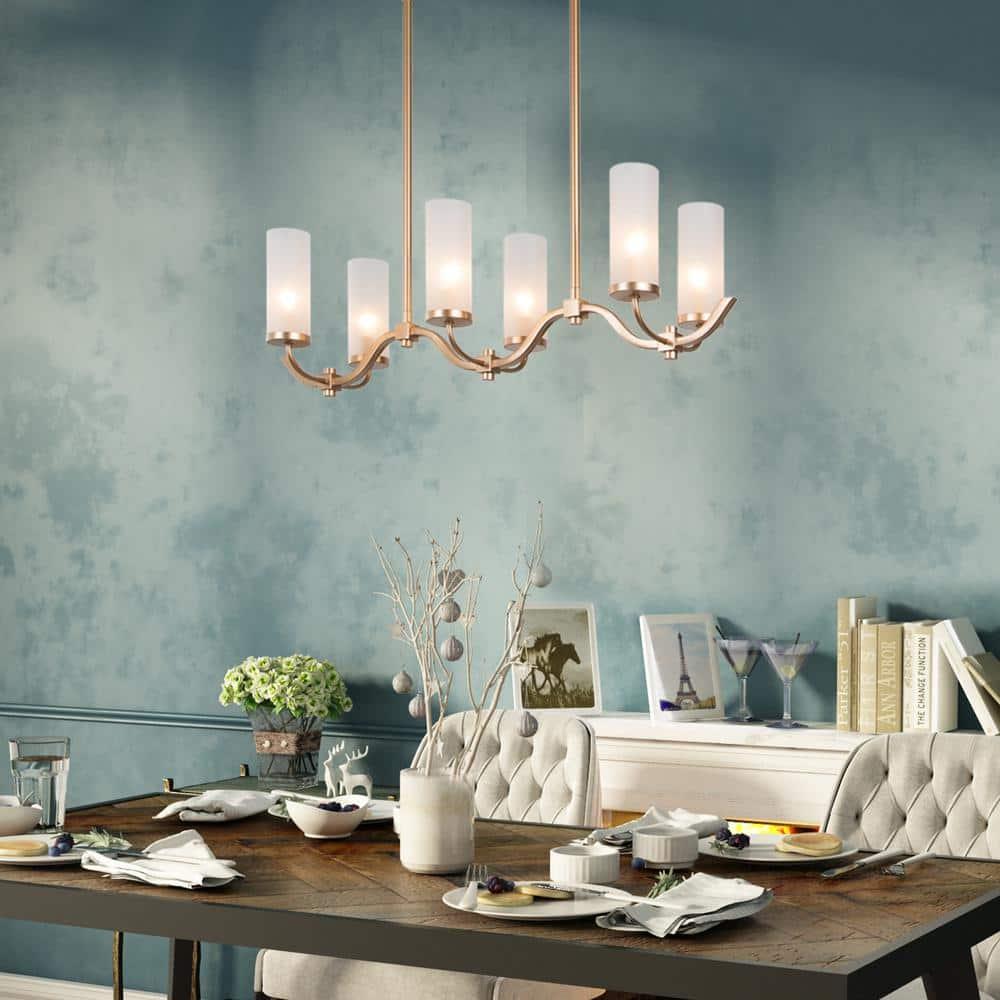 Modern Gold Linear Island Chandelier 6-Light Candlestick Chandelier with Cylinder Frosted Glass Shades
