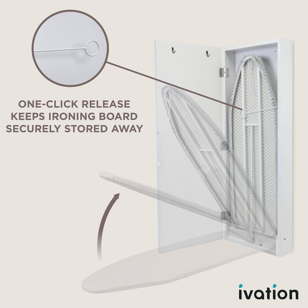 Ivation Ironing Board, Wall Mounted Ironing Board Cabinet W/Left Side Door, Mirror & Lever, White