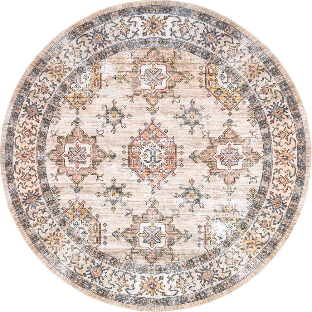 Nuloom Finley Medallion 6 Round Machine Washable Indoor Area Rug for Living Room Bedroom Dining Room Kitchen, Beige/Ivory