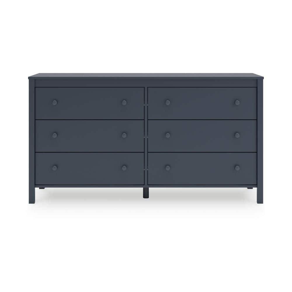 Benjara Cian Wide Dresser, 6 Drawers, Knob Handles, Navy Blue Wood, 61 Inch