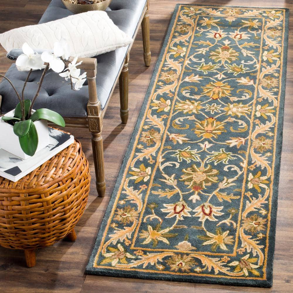 SAFAVIEH Antiquity Carmella Floral Bordered Wool Runner Rug, Blue/Gold, 2'3" x 10'