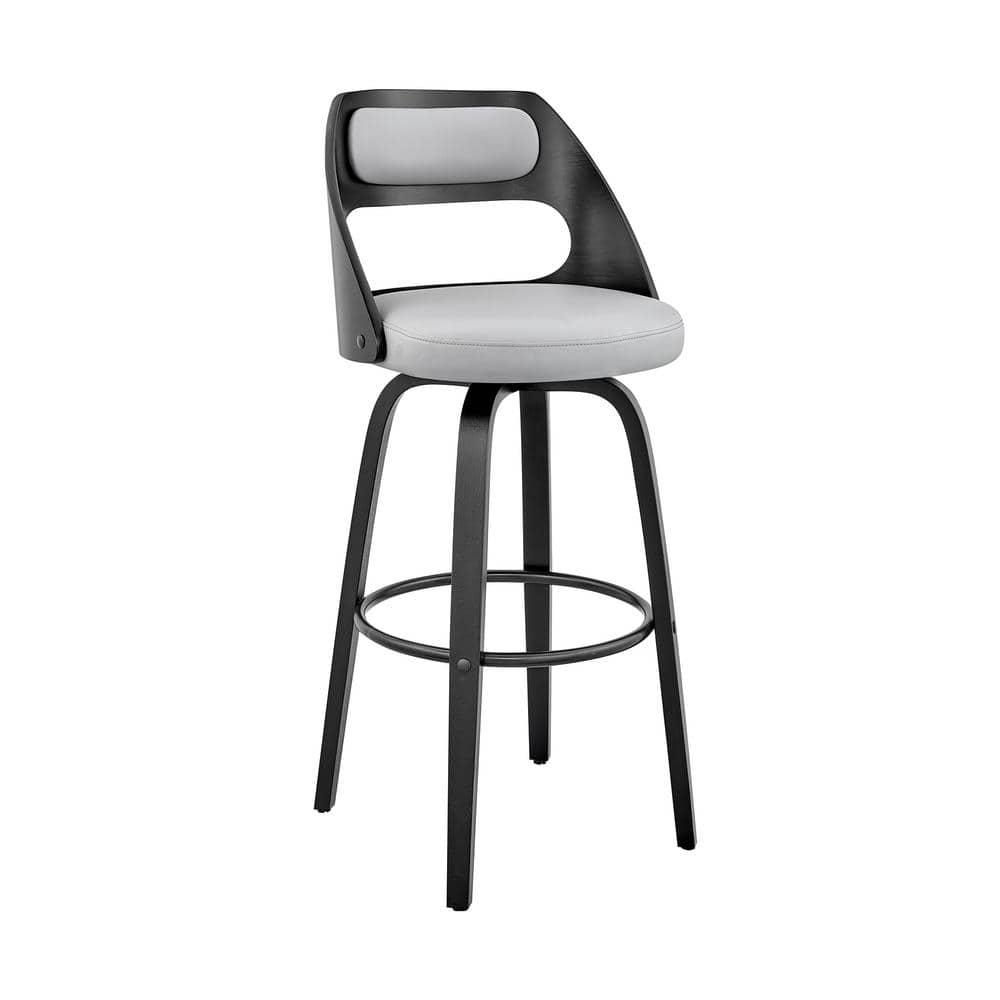 26 in. Julius Gray Faux Leather & Black Wood Bar Stool