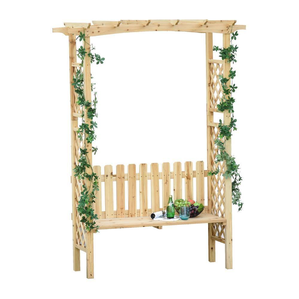Outsunny Wooden Trellis Arbor Arch for Climbing Plants with Garden Bench, Grow Grapes & Vines, Patio Decor & 2-Person Seating, Natural