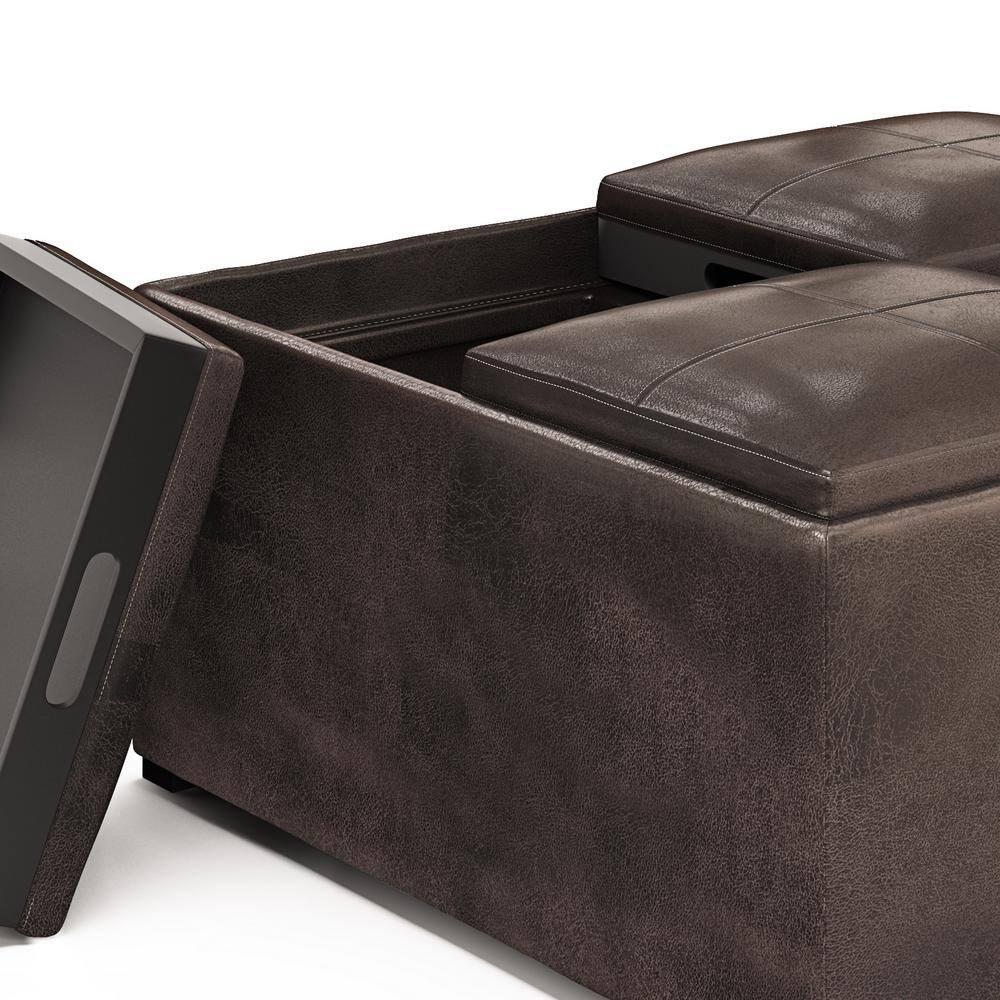 Simpli Home Avalon 35"W Upholstered Square Coffee Table Storage Ottoman with Flip-Over Trays