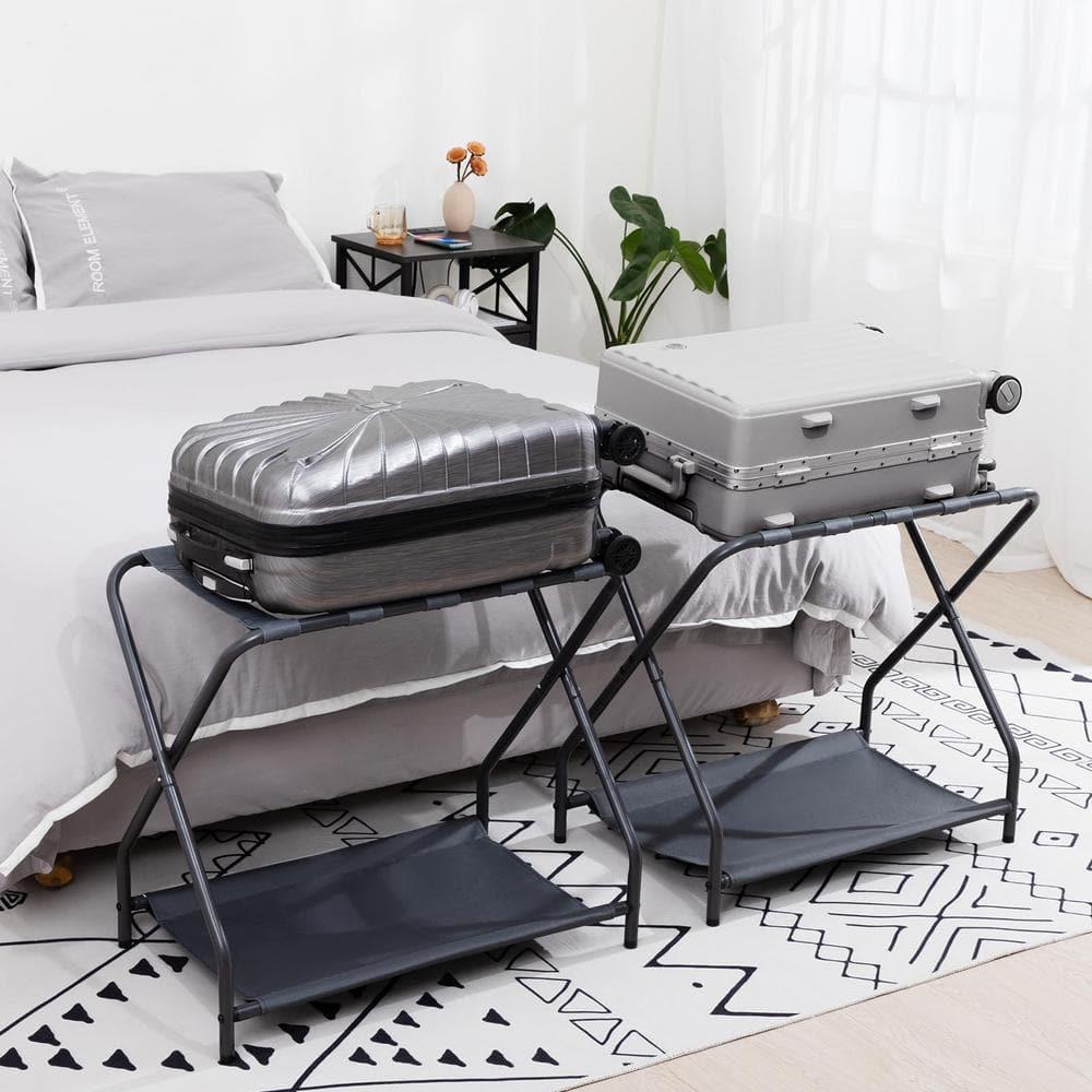 MEBROT Set Of 2, Foldable Suitcase Stands For Guest Room, Metal Luggage Holder With Storage Shelf For Bedroom, Hotel, Easy Assemble