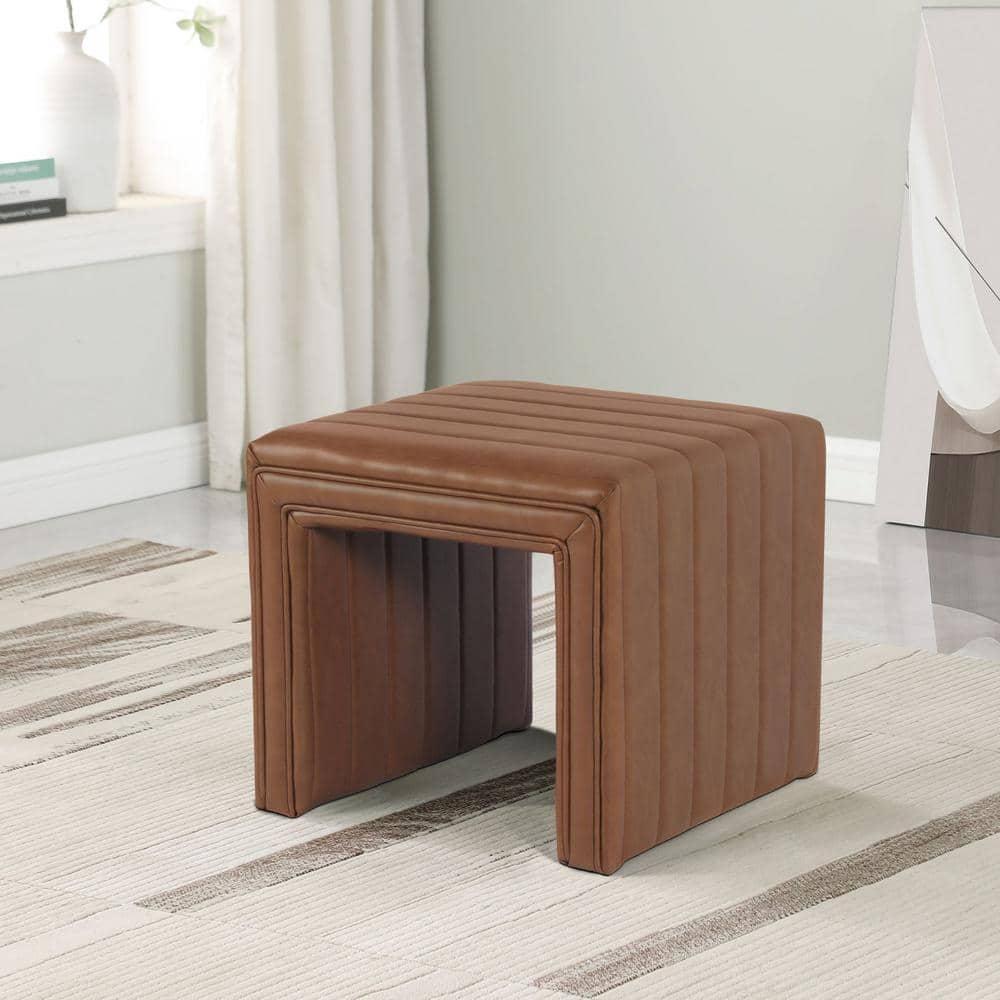 Modern Channel Ottoman Caramel Faux Leather - HomePop: Upholstered Rectangle, No Assembly Required