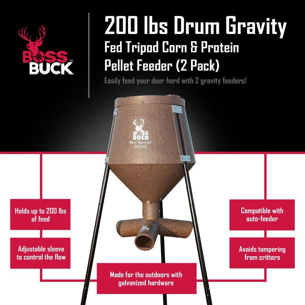 Boss Buck 200 Pound Capacity Gravity Fed Tripod, Corn and Protein Pellet Feeder with 3 Way Adjustable Flow Control for Wildlife, Game, & Deer (2 Pack)