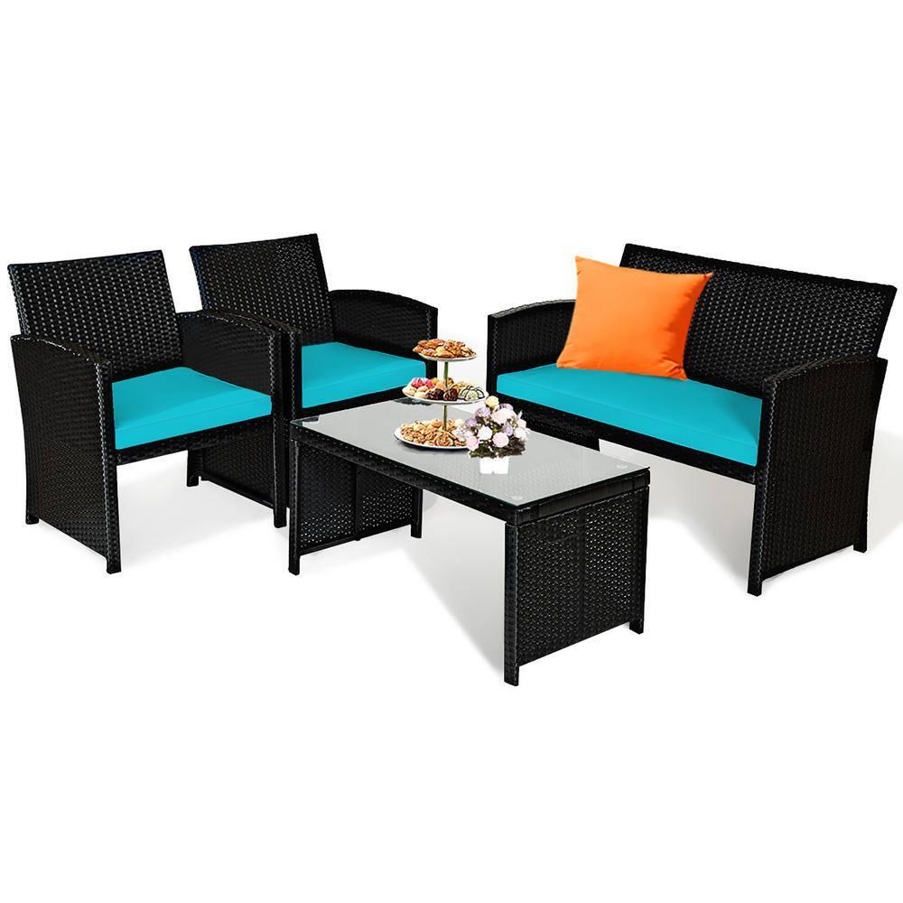 Resenkos 4 Pieces Patio Rattan Furniture Set, Outdoor Patio Furniture Set with Weather Resistant Cushions and Tempered Glass Tabletop-Turquoise