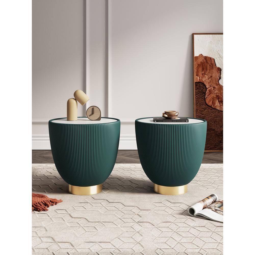 Manhattan Comfort Set of 2 Anderson Leatherette End Tables with Faux Marble Tabletop Green: Gold Finish, No Assembly Required