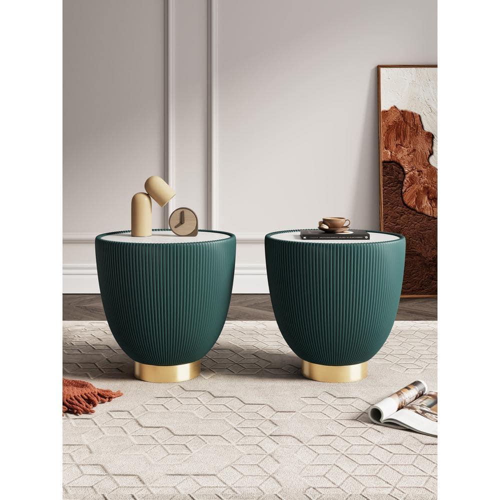 Manhattan Comfort Set of 2 Anderson Leatherette End Tables with Faux Marble Tabletop Green: Gold Finish, No Assembly Required