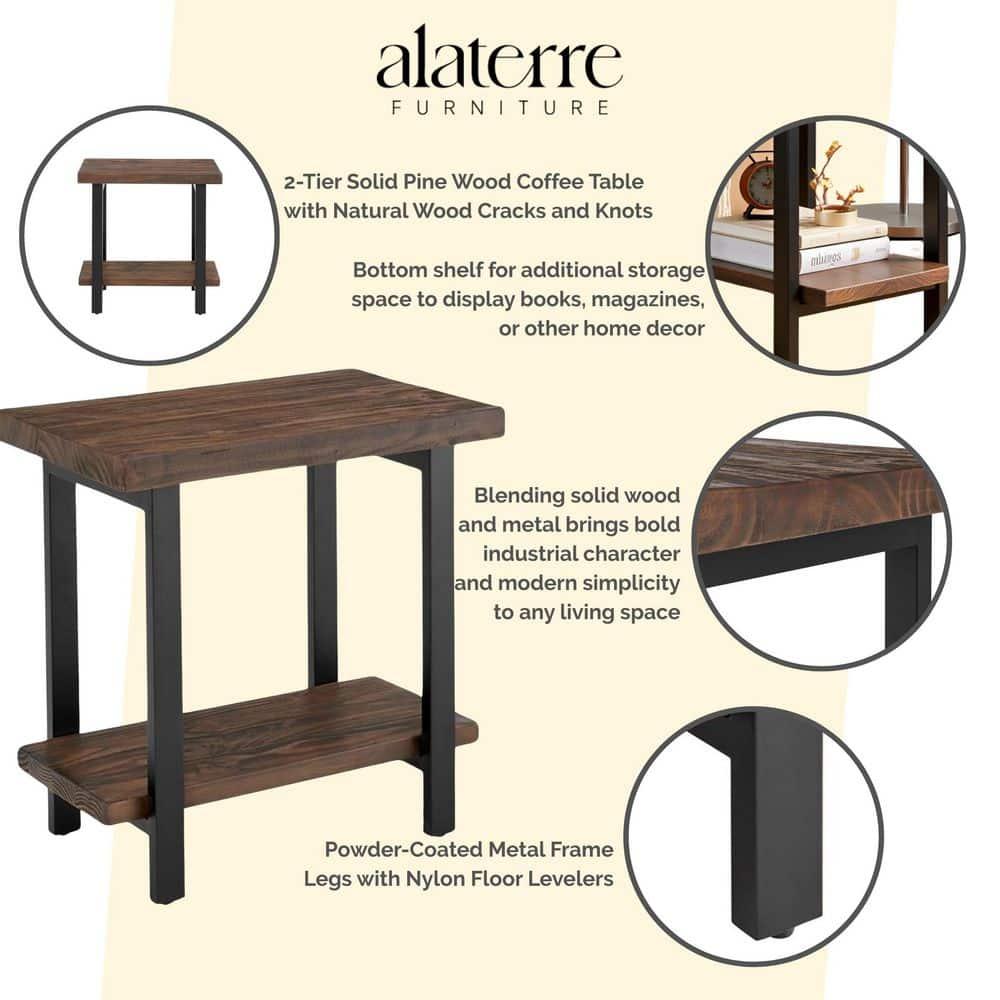 Pomona Solid Wood and Metal End Table with Shelf - Alaterre Furniture: Rustic Design, Fixed Shelf, Rectangle Shape