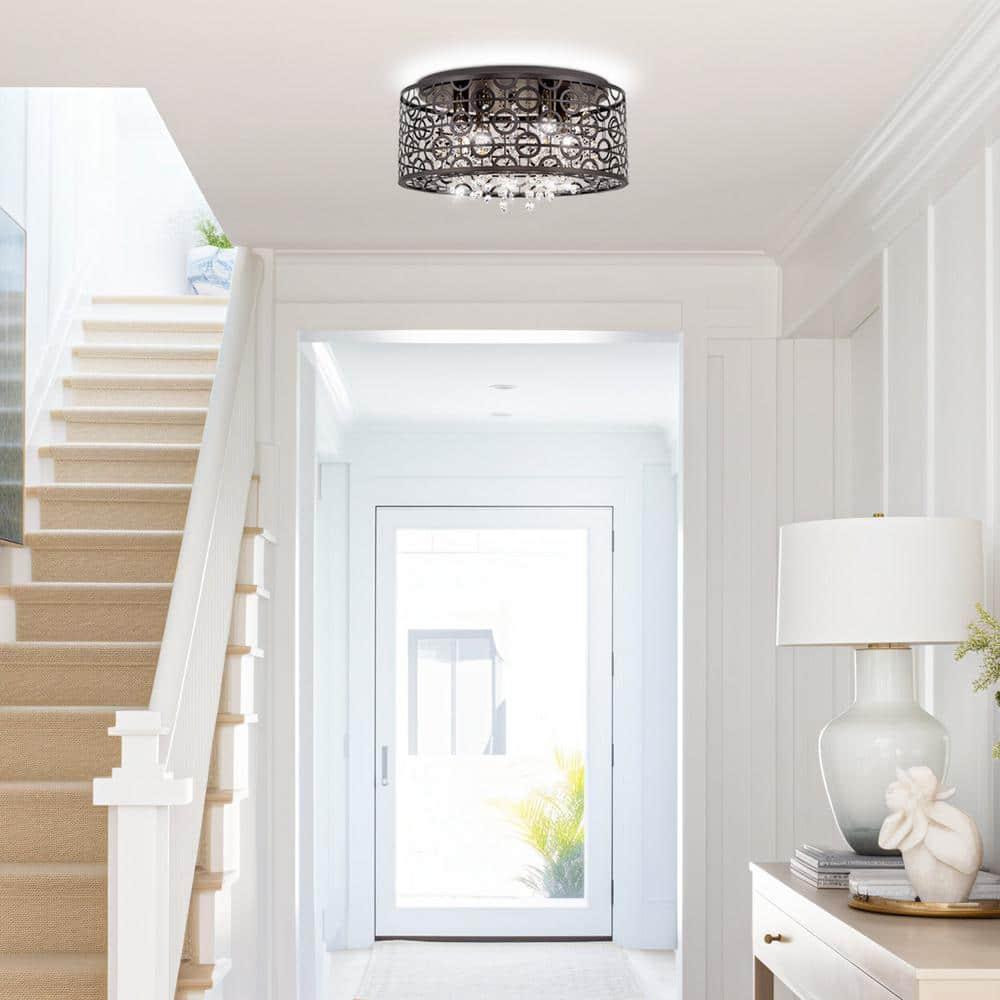 Kira Home Brielle 15" Chic 4-Light Crystal Flush Mount Chandelier + Round Metal Shade, Dimmable, Oil Rubbed Bronze
