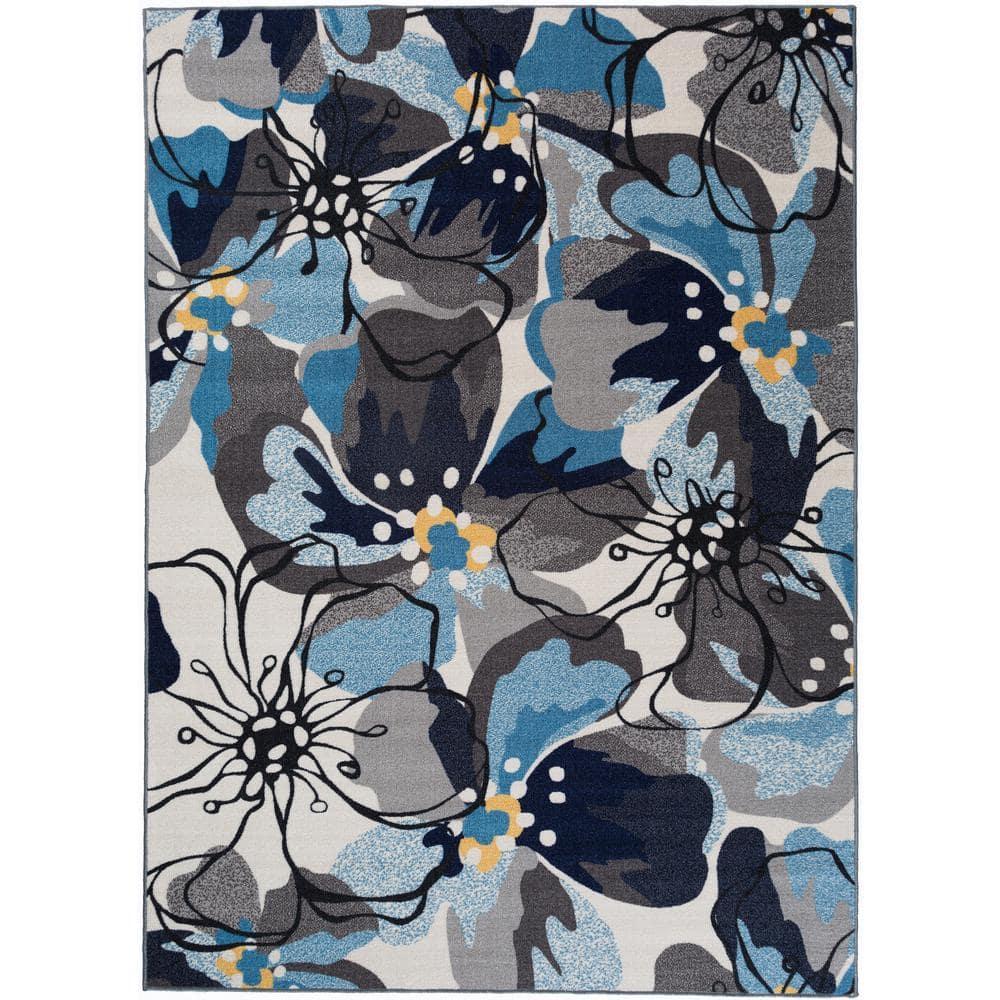World Rug Gallery  Modern Floral Non-Slip Area Rug Ivory, Blue, Grey 6'6"x9' Pet Friendly, Stain Resistant, Non Slip 6' x 9', 7' x 9' Indoor Living