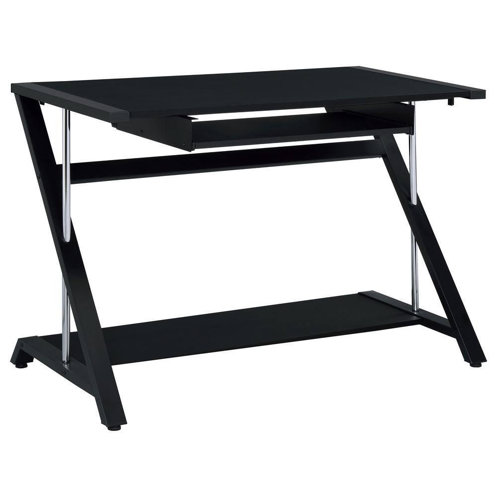 Mallet Computer Desk with Keyboard Tray & Storage Shelf Black - Coaster: Compact, Angled Silhouette, Chrome Detail