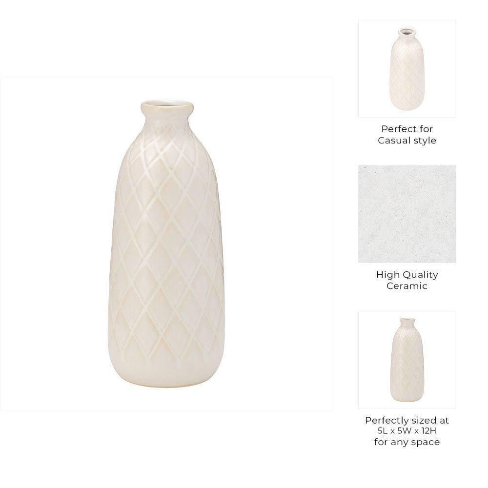Sagebrook Home 12" Ceramic Vase - Contemporary Plaid Textured Ivory/Beige Vase For Floral Arrangements - Decorative Table Accent for Home or Office