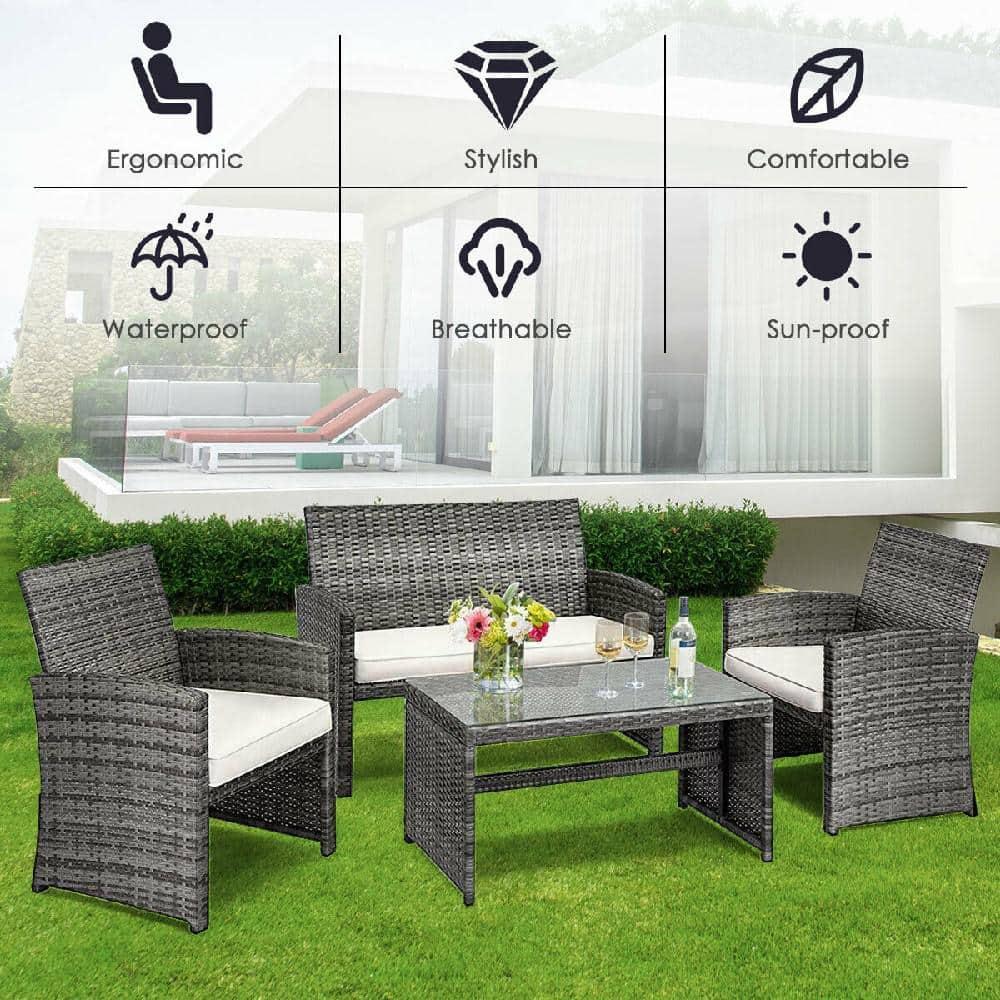 Costway 4PCS Rattan Patio Furniture Set Garden  Sofa Cushioned Seat Mix Gray Wicker