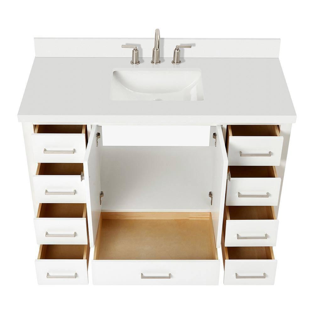 ARIEL 49" Bathroom Vanity with 1.5" Edge Pure White Quartz Countertop & Backsplash, Center Rectangular Sink, 2 Soft Closing Doors, 9 Full Extension Dovetail Drawers, Brushed Nickel - White