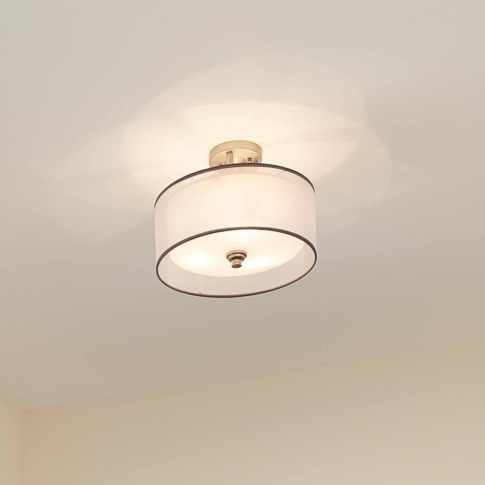 Lacey 15" 3 Light Semi Flush with Satin Etched Cased Opal Inner Diffusers and White Translucent Organza Outer Shade in Antique Pewter