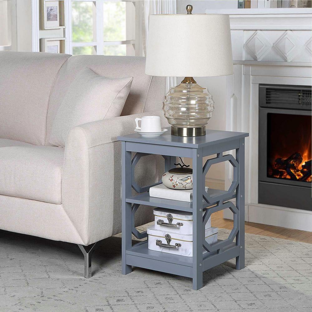 Gray Round Wood End Table with Shelves
