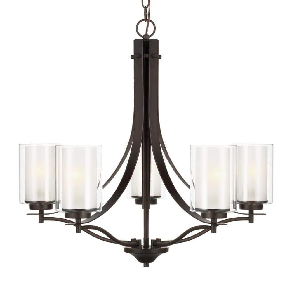 Elmwood Park 5-Light Bronze Modern Transitional Hanging Candlestick Chandelier with Satin Etched Glass Shades