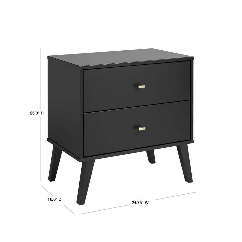 Mid Century Modern 2 Drawer Wide Nightstand Black - Prepac: Sleek Bedside Furniture, Tapered Legs
