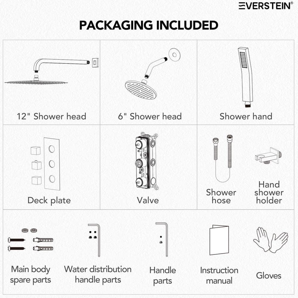 Thermostatic Dual Shower System 12" Rainfall Shower Head with Rough-in Valve