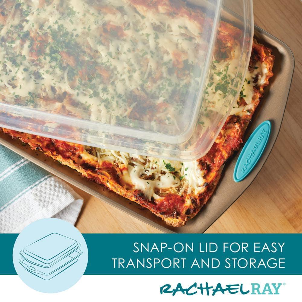 Rachael Ray 47578 Cucina Nonstick Bakeware Set with Grips Includes Nonstick Bread Pan, Baking Sheet, Cookie Sheet, Baking Pans, Cake Pan and Muffin Pan - 10 Piece, Latte Brown with Agave Blue Grips
