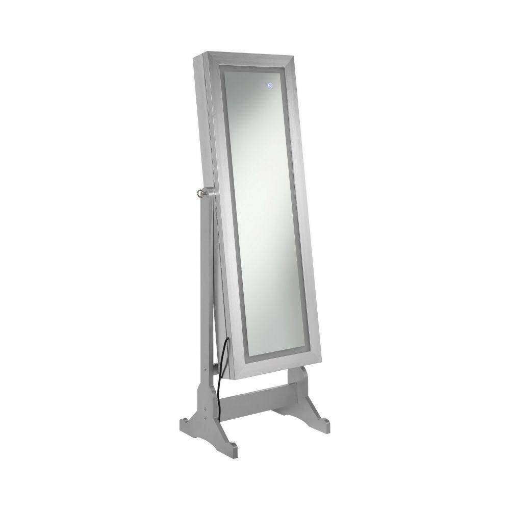 58 Inch Full Body Floor Cheval Mirror Jewelry Storage LED Silver - Saltoro Sherpi