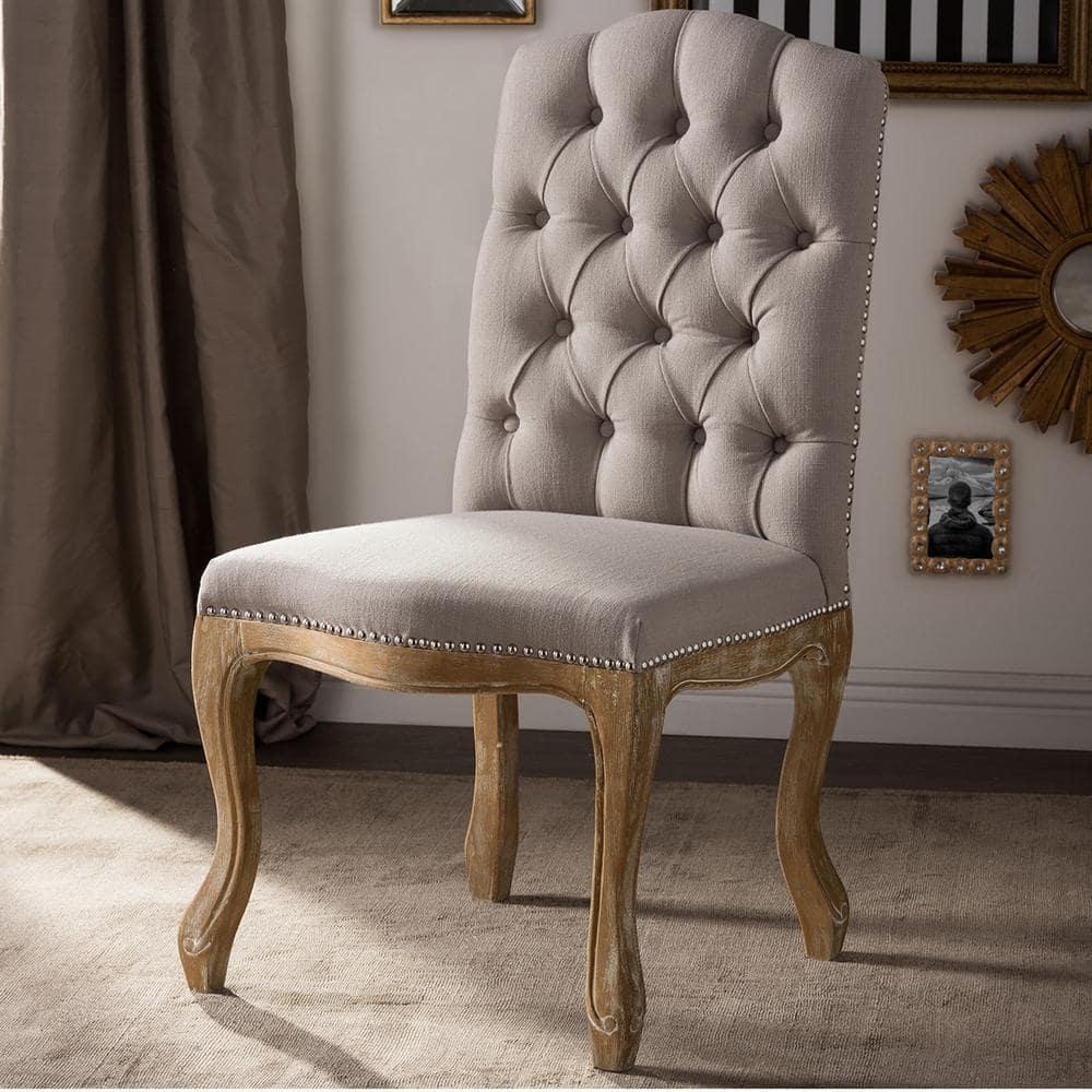Hudson Weathered Oak Finish and Fabric Button Tufted Upholstered Dining Chair Beige - Baxton Studio: French Country Cottage Style
