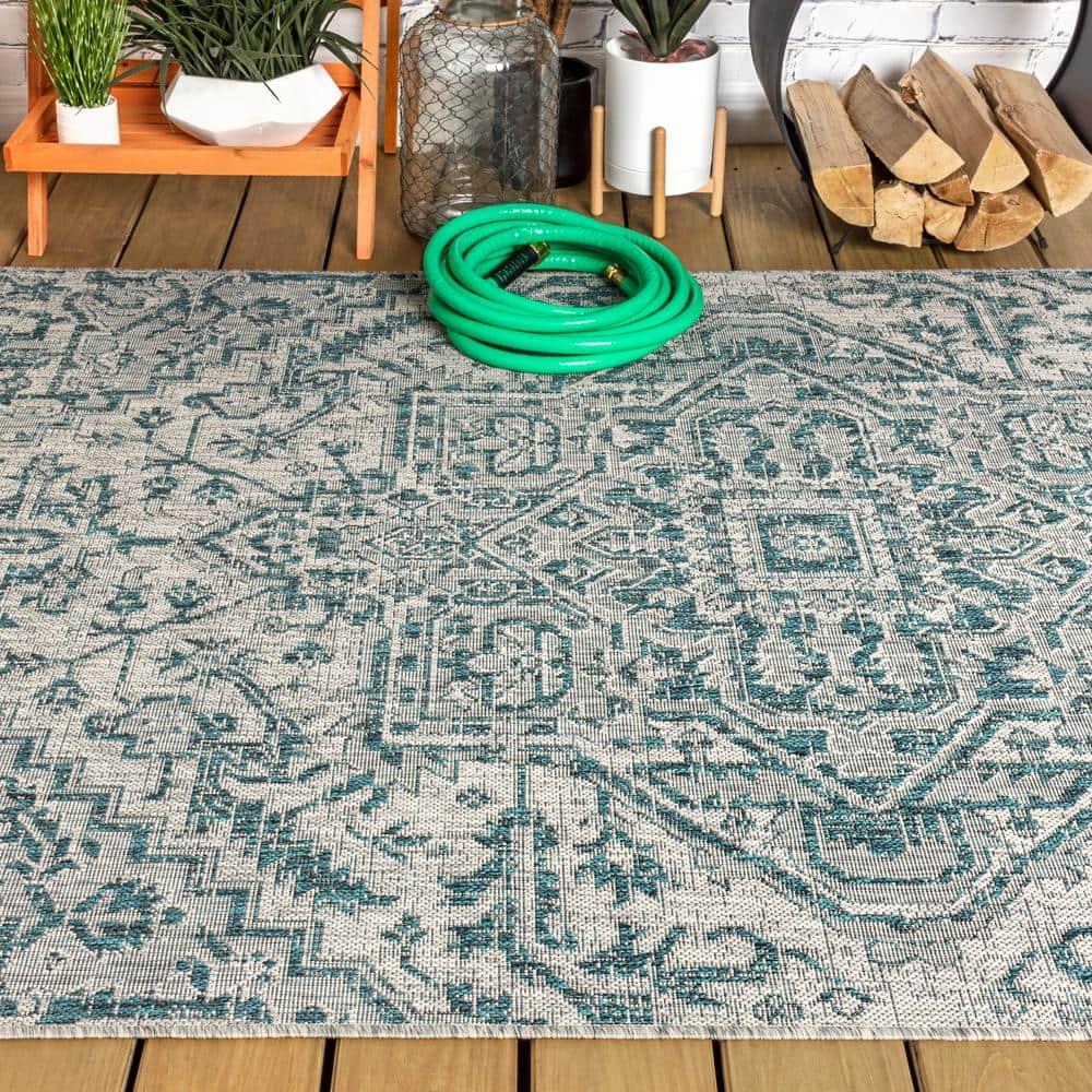 8'x10' Estrella Bohemian Medallion Textured Weave Indoor/Outdoor Area Rug, Teal/Gray - JONATHAN Y