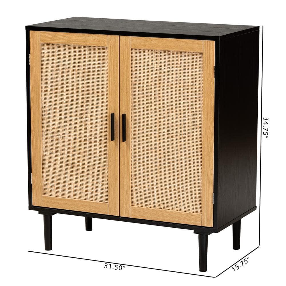 Baxton Studio Maureen Wood and Rattan 2 Door Storage Cabinet Espresso/Natural Brown : Bohemian Style, Particle Board Frame, 2 Shelves