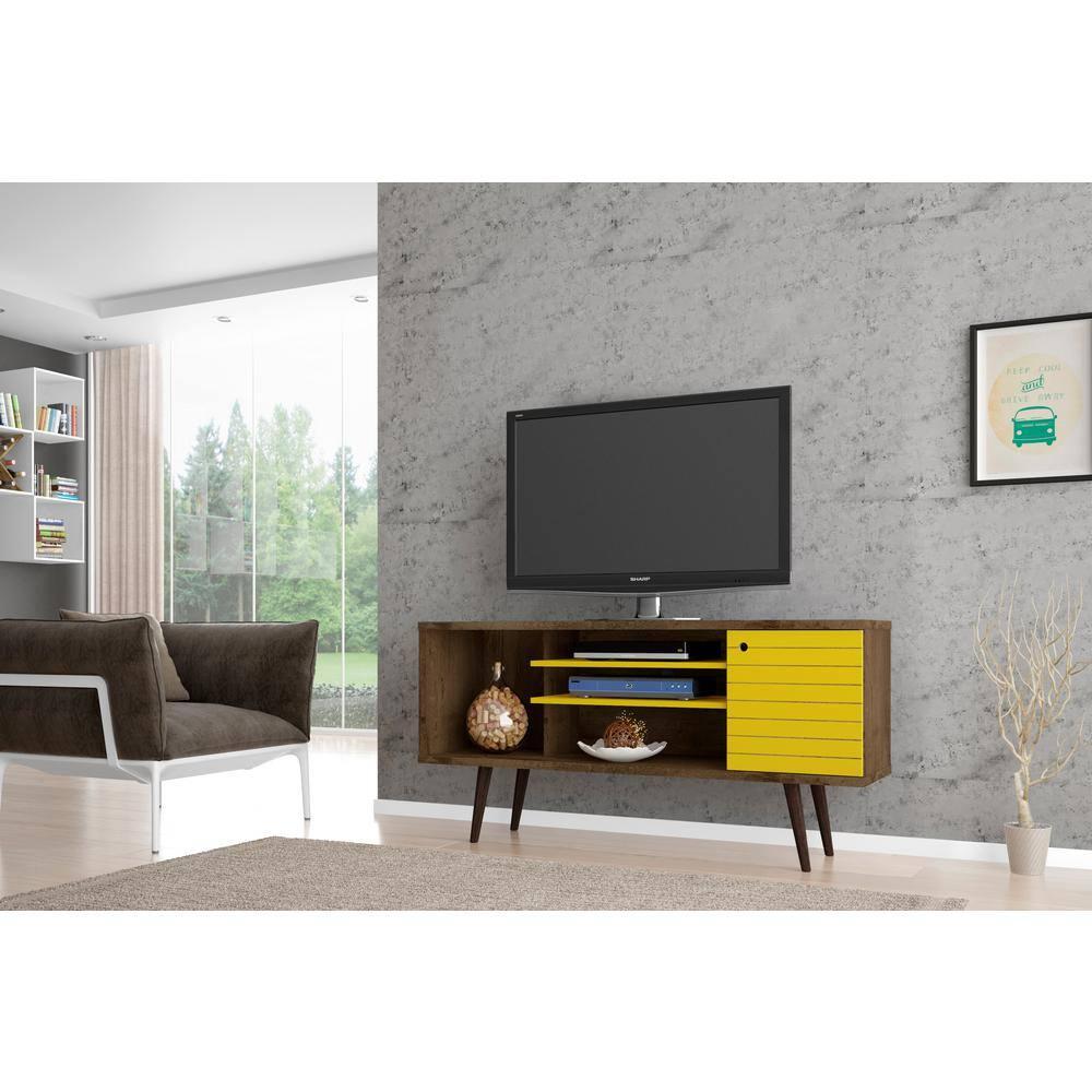 Liberty 53.14" Mid Century - Modern TV Stand with 5 Shelves & 1 Door with Solid Wood Legs, Brown, Yellow