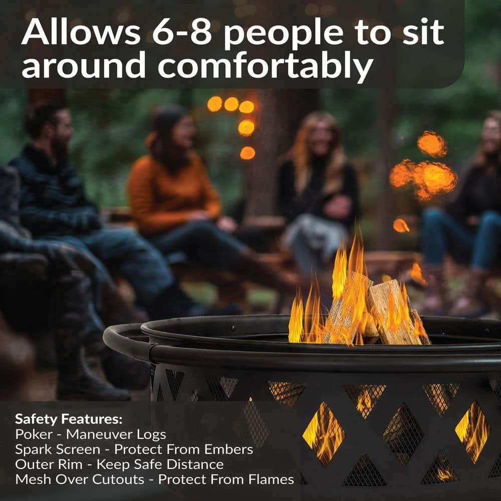 Sunnydaze Outdoor Camping or Backyard Round Crossweave Cut Out Fire Pit with Spark Screen, Log Poker, and Cover - 36"