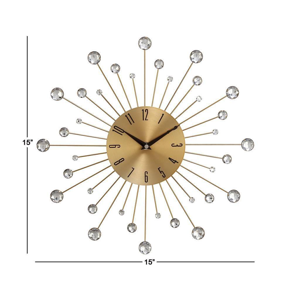DecMode Gold Metal Glam Wall Clock, 15”L x 0.5”W x 15”H, Features Starburst Design
