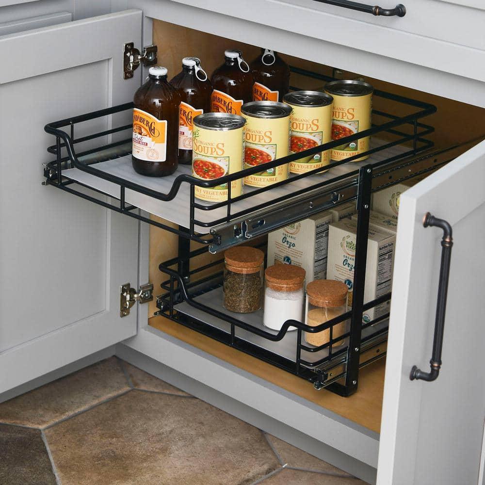 Glidez Multipurpose Paint-Finished Steel Pull-Out/Slide-Out Storage Organizer with Plastic Liners - Dual-Slide 2-Tier Design - Black