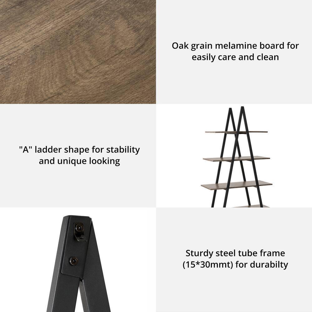 Glitzhome 64.5"H Modern Industry Wooden Oak Melamine 4-Tier Metal/ Wooden Leaning Bookcases & Ladder Shelves