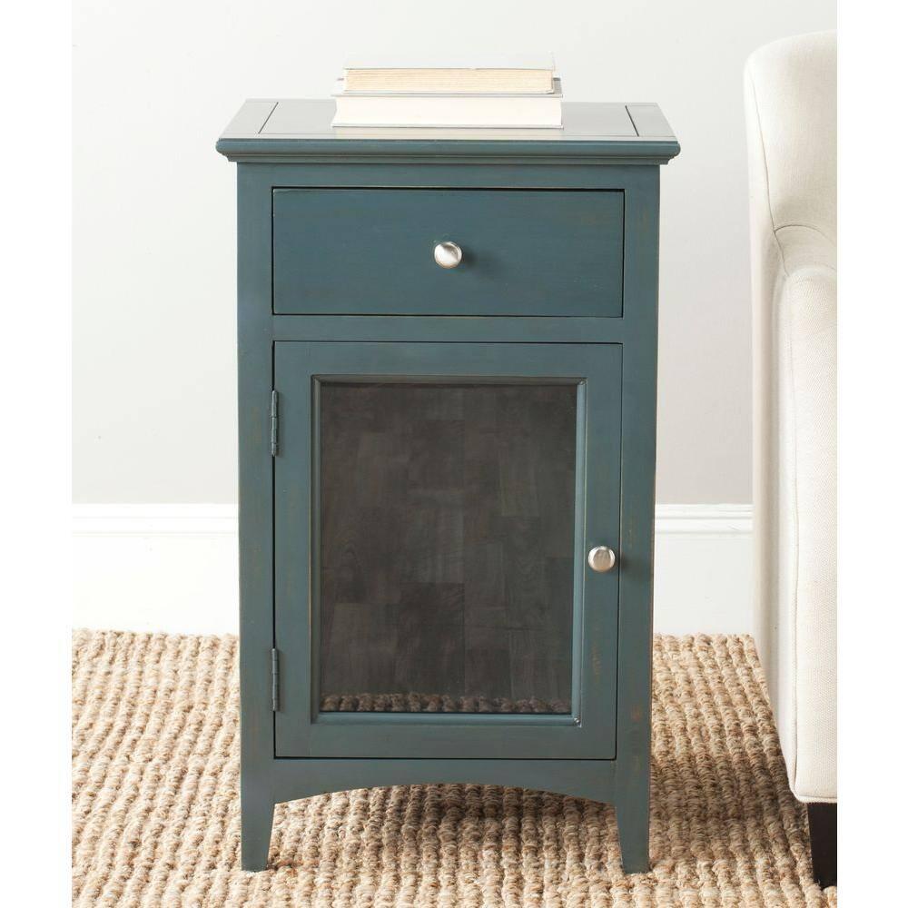 Ziva 1 Drawer Nightstand with Glass Cabinet - Dark Teal - Safavieh.