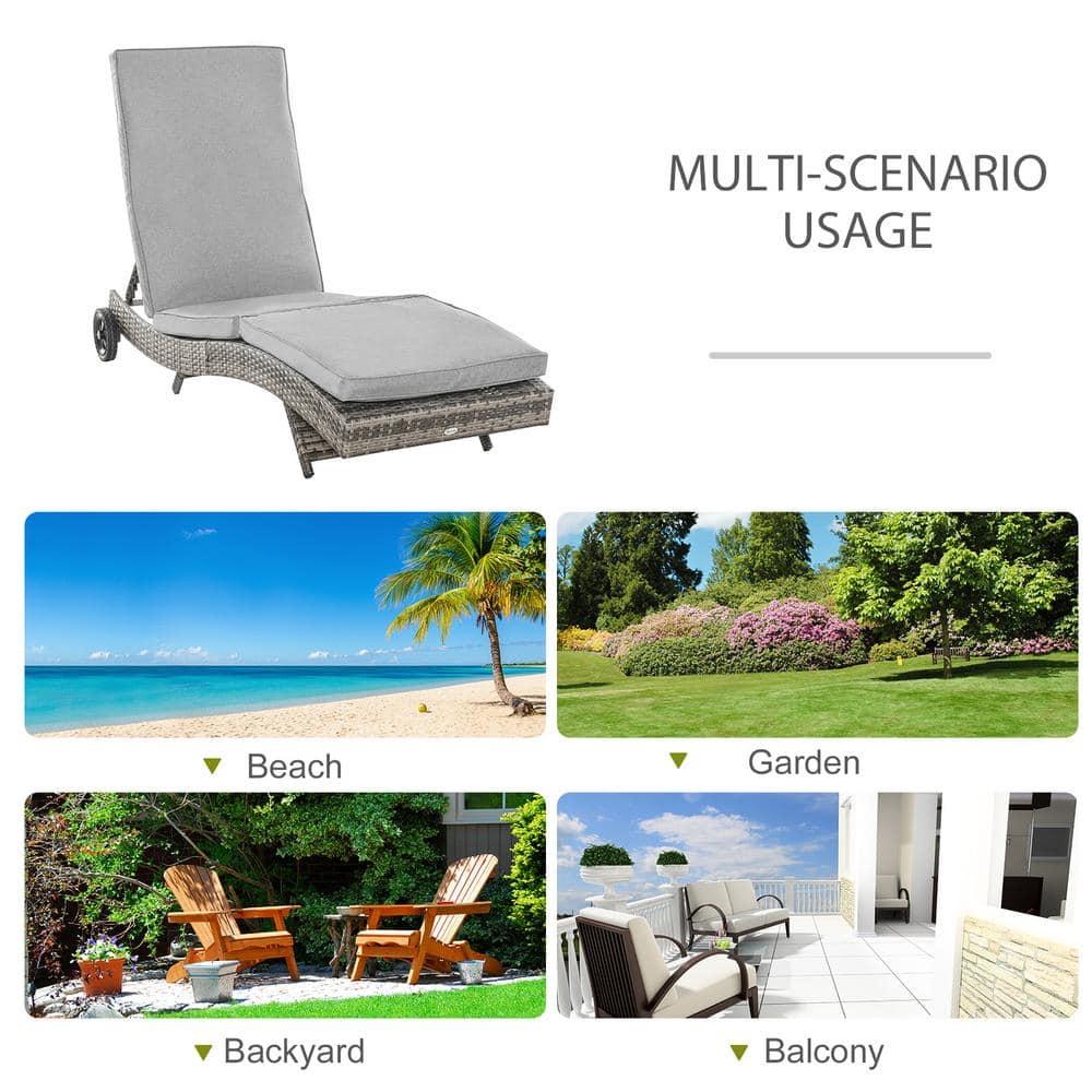 Outsunny Patio Wicker Chaise Lounge Chair, Outdoor PE Rattan Sun lounger w/ 5-Level Adjustable Backrest & 2 Wheels for Easy Movement, Mixed Gray