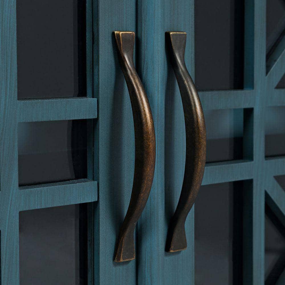 Benzara Koi 60 Inch Acacia Wood TV Media Entertainment Center Console, 4 Glass Doors, Crossed Wood Design, Antique Blue-Finish:Antique Turquoise