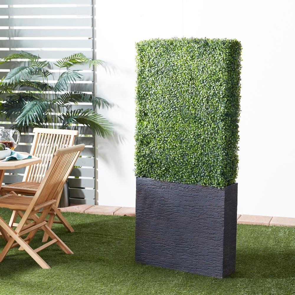 DecMode 66" Tall Boxwood Hedge Artificial Topiary in Realistic Leaves and Black Cement Planter Box